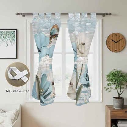 Spring Floral Bathroom Curtains 63 Inch Length, Window Curtains Tab Top, Vintage Tulips Flower Butterfly Retro Wood Blue Light Filtering Window Treatments Drapes 52"x63" 2 Panel