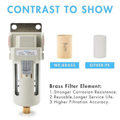1/2" NPT Air Dryer for Compressor | Compressed Air Line Filter | 5 Micron Brass Element|Bracket, Poly Bowl, 145 psI