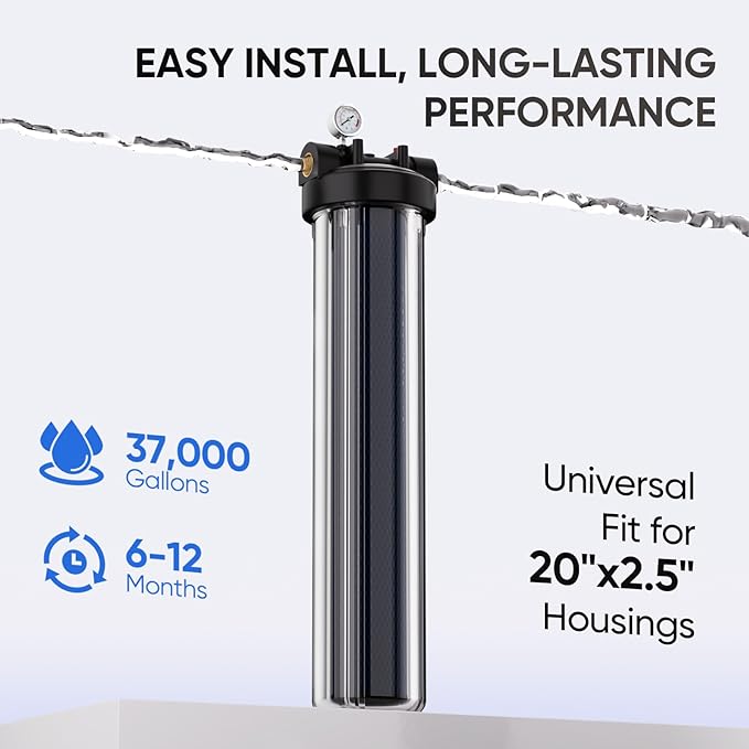 PUREPLUS 5 Micron 20" x 2.5" Whole House PFAS Removal Replacement Water Filter, Coconut Shell Activated Carbon Filter, Compatible with C1-20, EP-20, HX-CB-25-2010, F3WCB32,2PACK