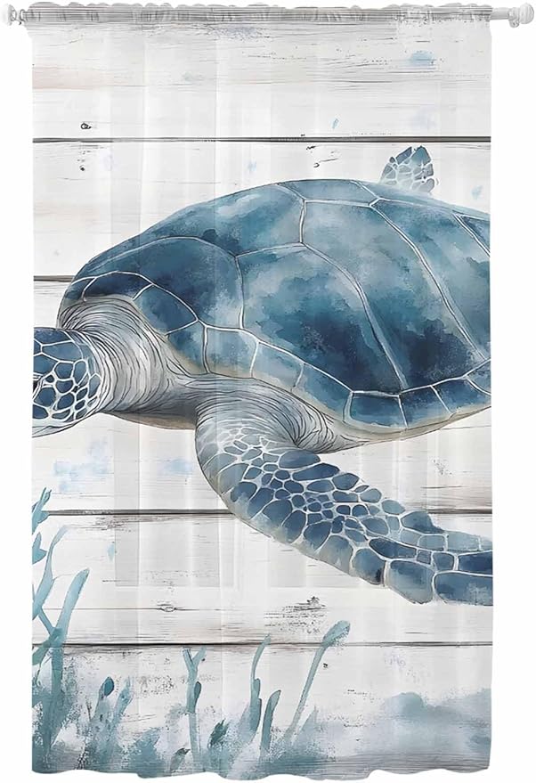 Sheer Curtains 96 Inches Long, Ocean Sea Turtle Semi Sheer Curtains Light Filtering Window Treatment, Coastal Seaweed Vintage Wood Grain Privacy Voile Drapes for Living Room Bedroom 52x96 Inch