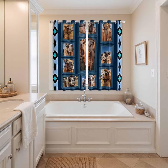 2 Panel Kitchen Cafe Curtains, Desert Camels Sunlight Filtering Nature Air Through, Home Decor Window Covering Tier Curtains for Living Room 104W x 84L inch Wildlife Brown Animals Blue Geometric