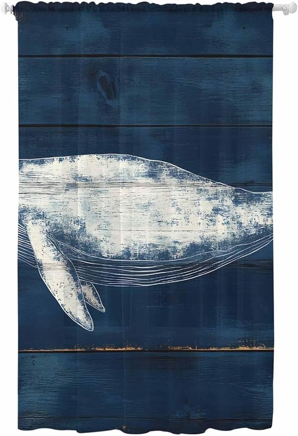 Sheer Curtains 84 Inches Long, Summer Whale Semi Sheer Curtains Light Filtering Window Treatment, Ocean Watercolor Wooden Grain Blue Privacy Voile Drapes for Living Room Bedroom 52x84 Inch