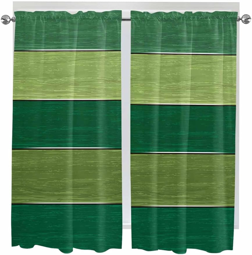 Farm Retro Green Wood Grain Window Valance Curtains, Rustic Wooden Plank Texture Light Filtering Kitchen Valance with 3-inch Rod Pocket for Living Room Bathroom Bedroom,2 Panel,42x63In