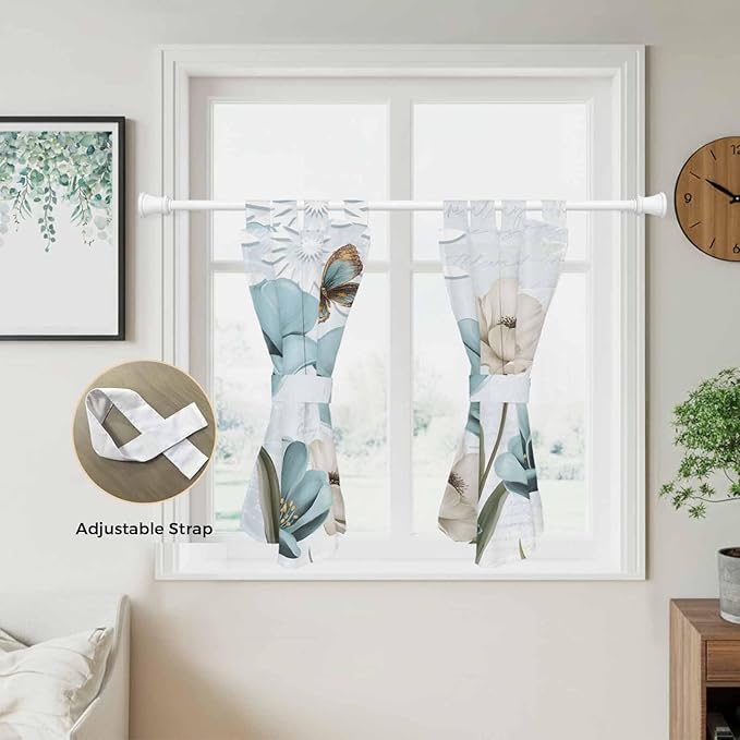 Blue Tulips Kitchen Curtains 45 Inch Length, Short Cafe Window Curtains Tab Top, Watercolor Flowers Butterfly Spring Farmhouse Blue Light Filtering Window Treatments Tier Drapes 27.5"x45" 2 Panel