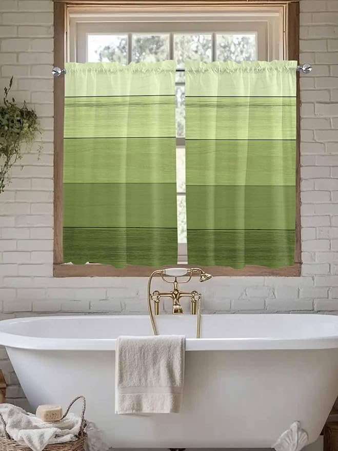 Gradient Green Wooden Board Window Valance Curtains, Retro Country Wood Grain Light Filtering Kitchen Valance with 3-inch Rod Pocket for Living Room Bathroom Bedroom,2 Panel,42x54In
