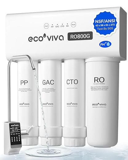 Ecoviva 800GPD UnderSink Reverse Osmosis System, German Design with NSF/ANSI 58 61 372 Tankless 3:1 Pure to Drain 9-Stage, 10 Years Robust Alkaline RO Water Filtration, Fully Sealed Noise Reduction