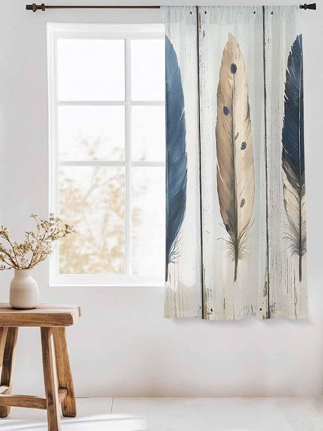 Sheer Curtains 63 Inch Length, Farmhouse Feather Semi Sheer Curtains Light Filtering Window Treatment, Watercolor Vintage Wooden Grain Privacy Voile Drapes for Living Room Bedroom 52x63 Inch