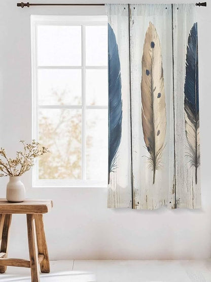 Sheer Curtains 63 Inch Length, Farmhouse Feather Semi Sheer Curtains Light Filtering Window Treatment, Watercolor Vintage Wooden Grain Privacy Voile Drapes for Living Room Bedroom 52x63 Inch