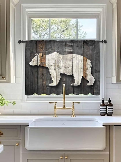 Sheer Curtains 45 Inch Length, Vintage White Brown Bear Semi Sheer Curtains Light Filtering Window Treatment, Retro Country Rustic Wood Grain Privacy Voile Drapes for Living Room Bedroom 52x45 Inch