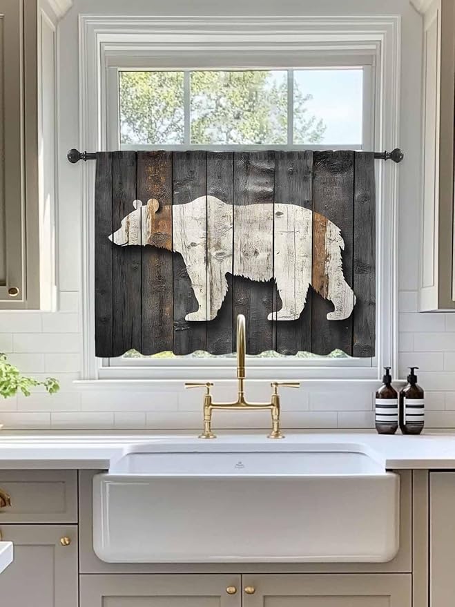 Sheer Curtains 54 Inch Length, Vintage White Brown Bear Semi Sheer Curtains Light Filtering Window Treatment, Retro Country Rustic Wood Grain Privacy Voile Drapes for Living Room Bedroom 52x54 Inch