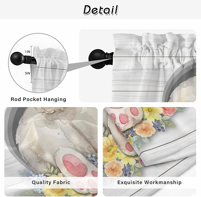 Easter Bunny Kitchen Tier Curtains 36 Inch Long 2 Panel Set,Rod Pocket Half Window Curtains Over Sink,3D Optical Illusion Farmhouse Flower Wood Grain Light Filtering Short Drapes Cafe 27.5"W x 36"L