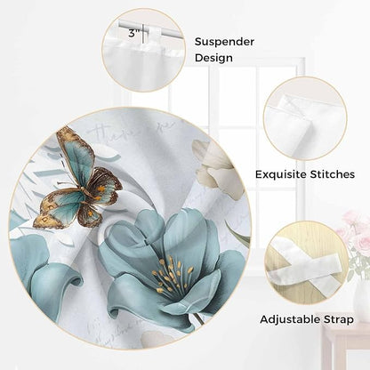 Blue Tulips Living Room Curtains 84 Inch Length, Window Curtains Tab Top, Watercolor Flowers Butterfly Spring Farmhouse Blue Light Filtering Window Treatments Drapes 42"x84" 2 Panel