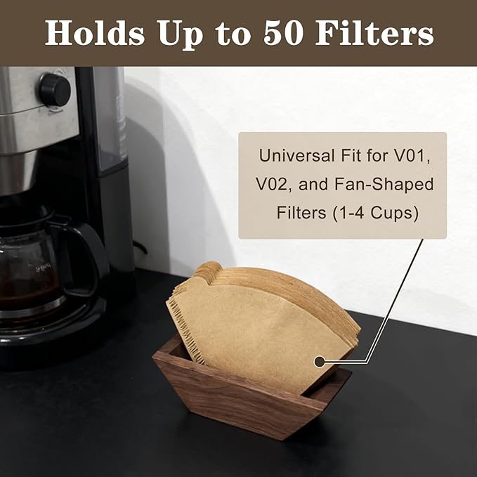 Coffee Filter Holder Magnetic, Solid Walnut Wood Coffee Filter Storage Organizer for Coffee Station, Holds Up to 50 V60-Style Cone Paper Filters, Side Mount for Espresso Machine or Fridge