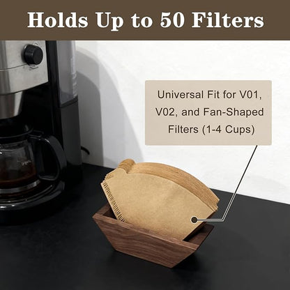 Coffee Filter Holder Magnetic, Solid Walnut Wood Coffee Filter Storage Organizer for Coffee Station, Holds Up to 50 V60-Style Cone Paper Filters, Side Mount for Espresso Machine or Fridge