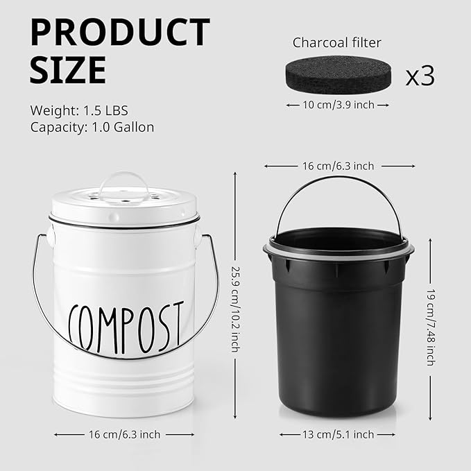 Kitchen Compost Bin, 1 Gallon Countertop Compost Bin with Lid, Indoor Compost Bucket, Includes Inner Bucket Liner and Carbon Filters, White