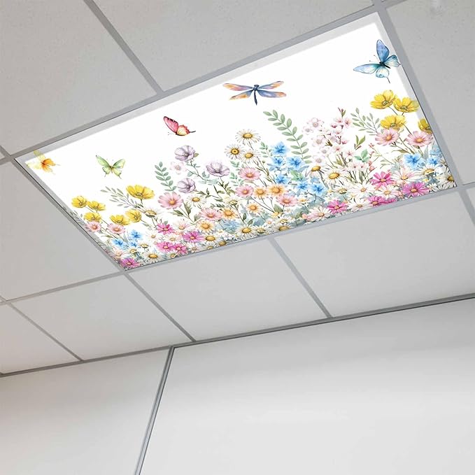 Fluorescent Light Covers for Ceiling Lights Spring Flowers Magnetic Light Filters 1 Pack 4x2 ft Daisy Butterflies Dragonfly Ceiling Lights Cover for Classroom Office School Home Drop Lamp Decor
