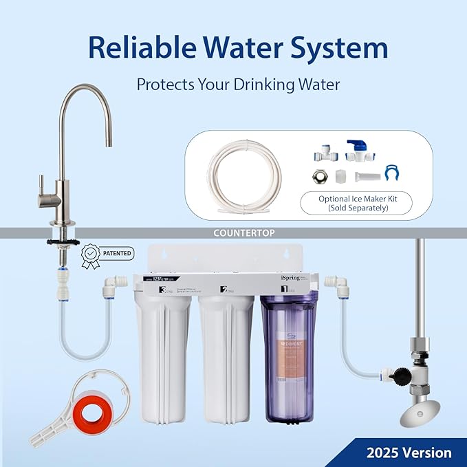iSpring US31 Under Sink Water System, NSF Certified 3-Stage Water Filters, Reduces PFAS, Chloramine, Chlorine and More, Tankless Water Filter System with Faucet