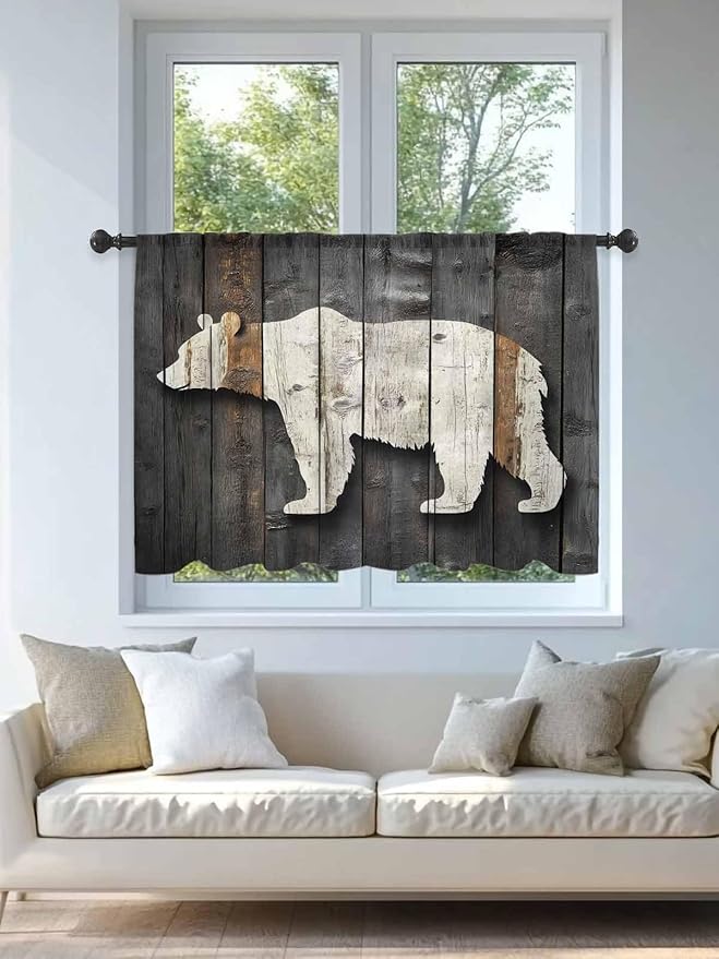 Sheer Curtains 45 Inch Length, Vintage White Brown Bear Semi Sheer Curtains Light Filtering Window Treatment, Retro Country Rustic Wood Grain Privacy Voile Drapes for Living Room Bedroom 52x45 Inch