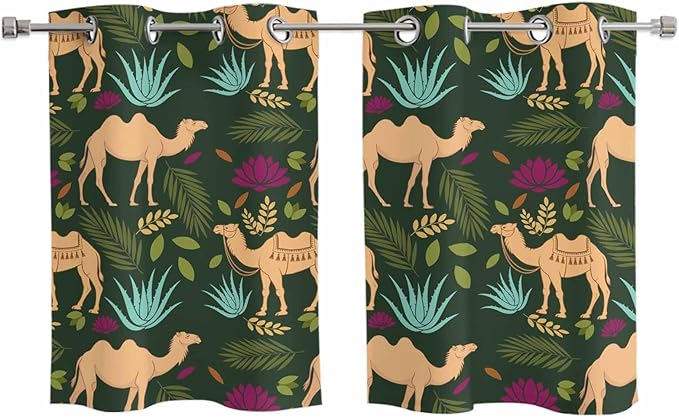2 Panel Kitchen Cafe Curtains, Retro Desert Camel Sunlight Filtering Nature Air Through, Window Decor Tier Curtains for Living Room 55W x 39L inch Tropical Animal Aloe Vera Leaves Dark Green