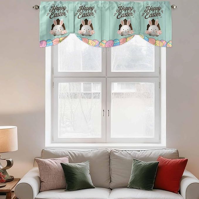 Green Easter Tie Up Valance Curtains for Windows, Kitchen Curtains Window Shades, Spring Cartoon Bunny Colorful Eggs Wood Grain Light Filtering Roman Curtain Valances for Bedroom/Bathroom/Cafe 42"x18"