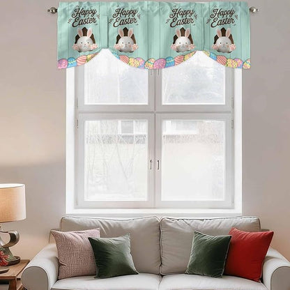 Green Easter Tie Up Valance Curtains for Windows, Kitchen Curtains Window Shades, Spring Cartoon Bunny Colorful Eggs Wood Grain Light Filtering Roman Curtain Valances for Bedroom/Bathroom/Cafe 42"x18"
