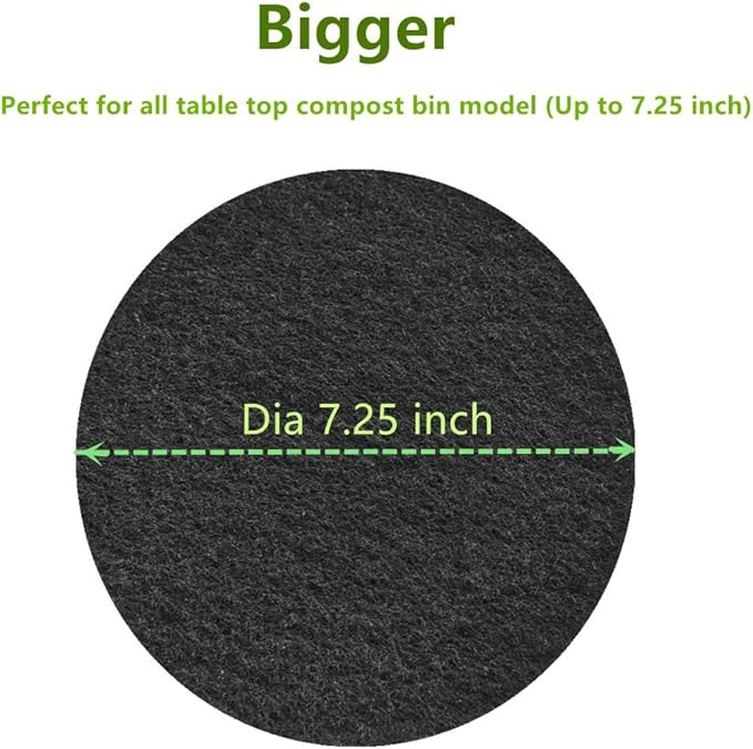 Kitchen Compost Bin Charcoal Filter 7.25 Inch Diameter Extra Thicker & Bigger-Over 3 Years Supply- Longer Lasting Activated Charcoal Odor Trapping Filters (0.4inch/10mm Thickness), Round (6 Pack)