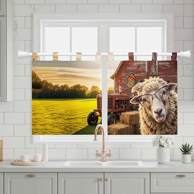 Farm Sheep Kitchen Curtains 24 Inch Length, Small Window Curtains Tab Top, Farmhouse Barn Funny Animals Butterfly Light Filtering Short Window Treatments Tier Drapes 27.5"x24" 2 Panel