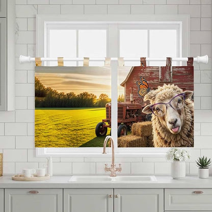 Farm Sheep Kitchen Curtains 24 Inch Length, Small Window Curtains Tab Top, Farmhouse Barn Funny Animals Butterfly Light Filtering Short Window Treatments Tier Drapes 27.5"x24" 2 Panel
