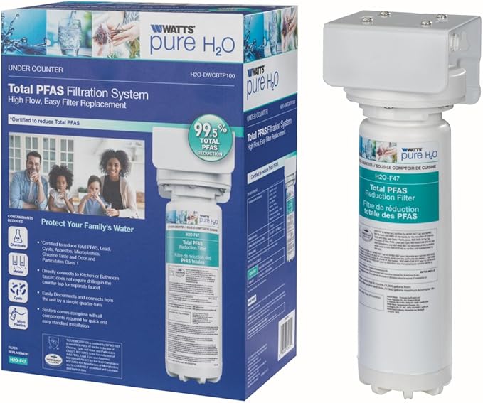 Watts Premier H2O-DWCBTP100 Single-Stage Total PFAS Reduction Under Counter Water Filtration System, Reduces Forever Chemicals, High Flow Rate 1.5 GPM, 1/4 Turn Quick Change, 1,900 Gallon Capacity