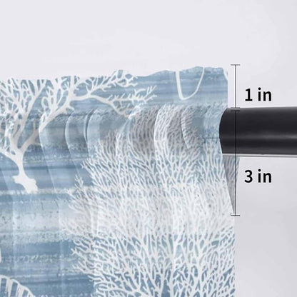 Haze Blue Retro Summer Sheer Valance Curtains, Sea Turtle Starfish Coral Ocean Light Filtering Kitchen Valances Rod Pocket Voile Curtain Window Treatment for Bedroom/Living Room/Basement 60Wx18L