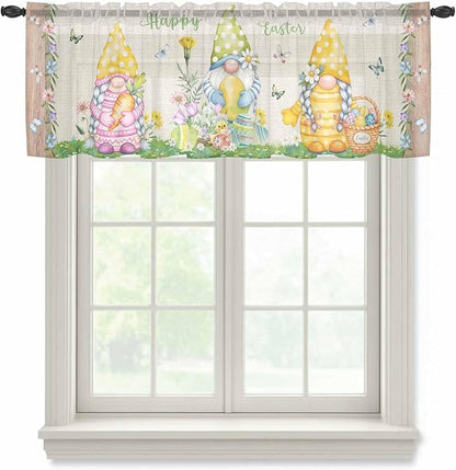 Easter Sheer Valances for Windows 42"x12", Light Filtering Kitchen Curtains Valance, Rustic Gnomes Duck Floral Colorful Eggs Wooden Grain Rod Pocket Chiffon Curtains for Living Room Bedroom Cafe