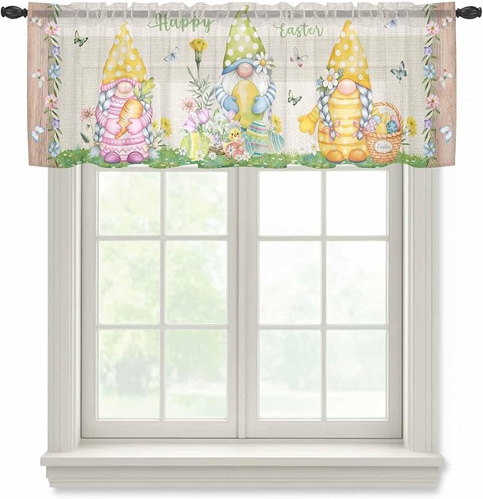 Easter Sheer Valances for Windows 54"x18", Light Filtering Kitchen Curtains Valance, Rustic Gnomes Duck Floral Colorful Eggs Wooden Grain Rod Pocket Chiffon Curtains for Living Room Bedroom Cafe