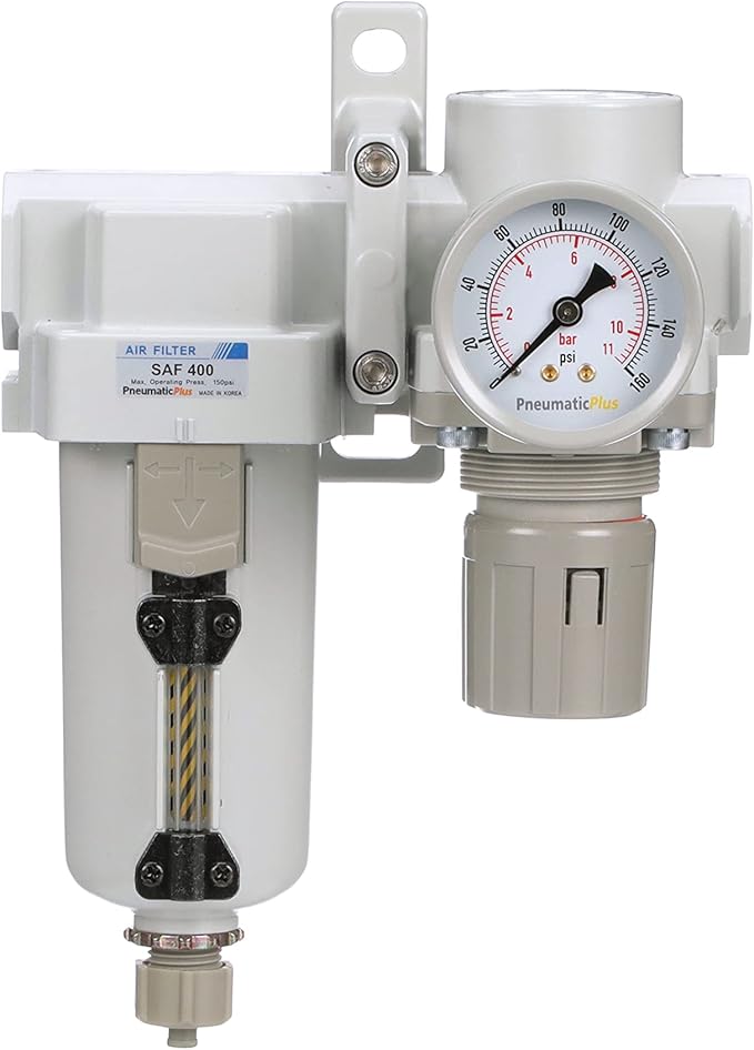 PneumaticPlus SAU420-N06G-MEP Compressed Air Filter Regulator Combo 3/4" NPT - Metal Bowl, Manual Drain, Bracket, Gauge