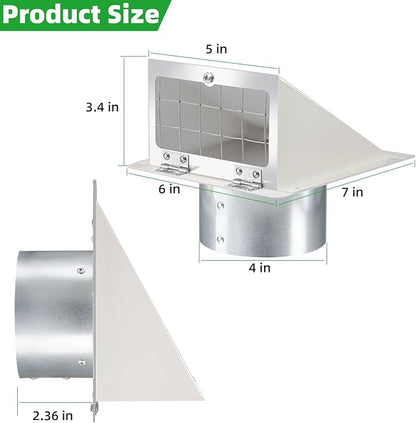 4 Inch Dryer Vent Cover Outside with Mesh and Damper,Wall Vent Exhaust Vent Cover,4" Metal Dryer Vent Cover Outdoor,Exterior Dryer Vent Hood Outlet Cap for Laundry Dryer Range Hood AC Air Vent,White