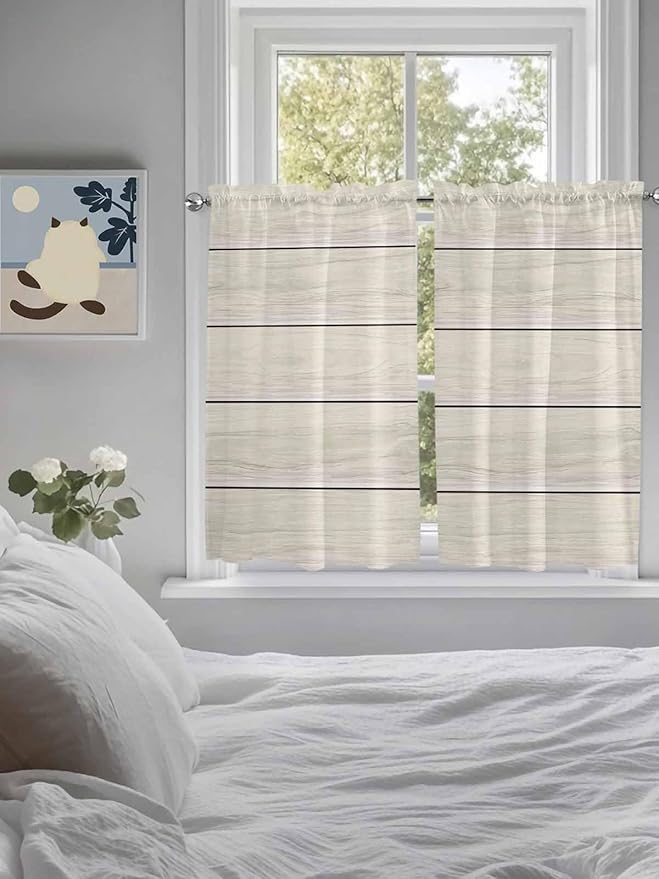Vintage Country Wooden Board Window Valance Curtains, Gradient Wood Grain Line Light Filtering Kitchen Valance with 3-inch Rod Pocket for Living Room Bathroom Bedroom,2 Panel,42x45In
