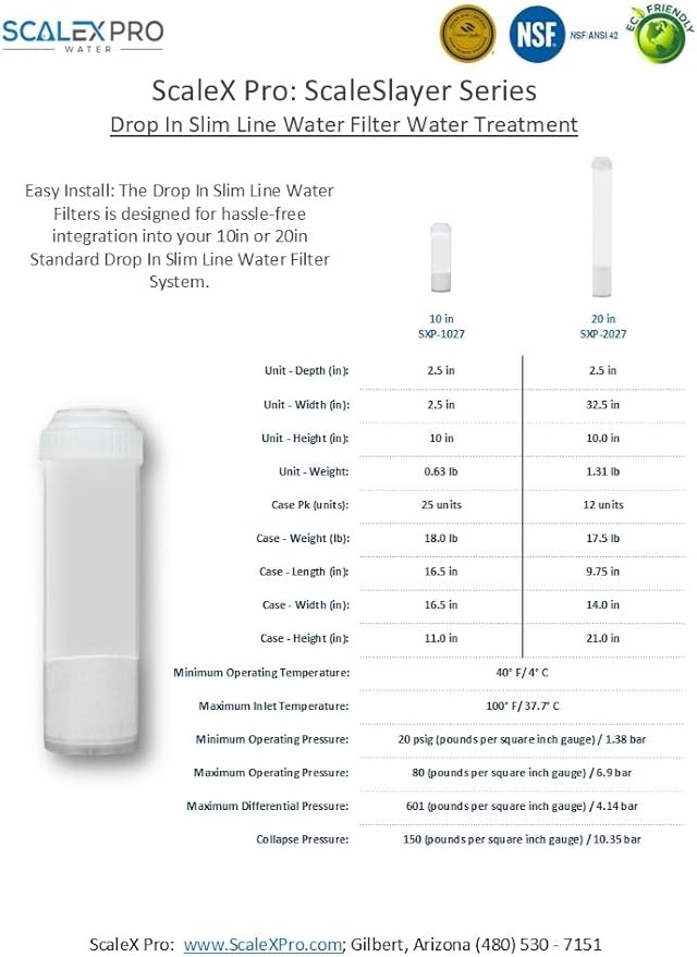 ScaleSlayer 10in Slim Line Drop In, High Capacity (up to 10,000 gals) Water Filter Replacement, Prevents, Removes scale buildup, Fits Traditional 10in Drop In Slim Line Systems (SXP-1027)
