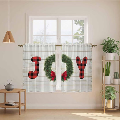 Christmas Wreaths Kitchen Tier Curtains 45 Inch Long 2 Panel Set,Rod Pocket Short Window Treatment,Winter Bow Plaid Farmhouse Wooden Grain Curtains & Drapes for Bathroom Basement 27.5"W x 45"L