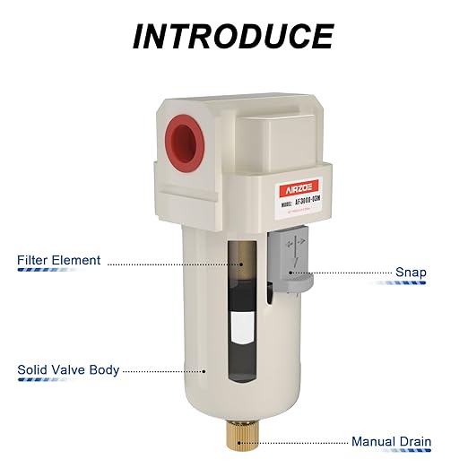 AIRZOE 3/8" NPT Air Dryer for Compressor - Air Compressor Water Separator AF3000-03, Manual Drain,5 Micron Brass Element, Poly Bowl