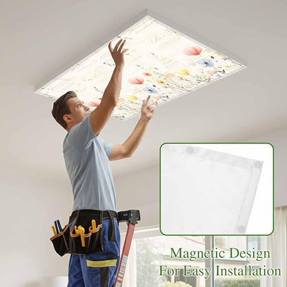 Fluorescent Light Covers for Ceiling Lights Spring Poppy Floral Magnetic Light Filters 1 Pack 4x2 ft Wildflower Vintage Ceiling Lights Cover for Classroom Office School Home Drop Lamp Decor