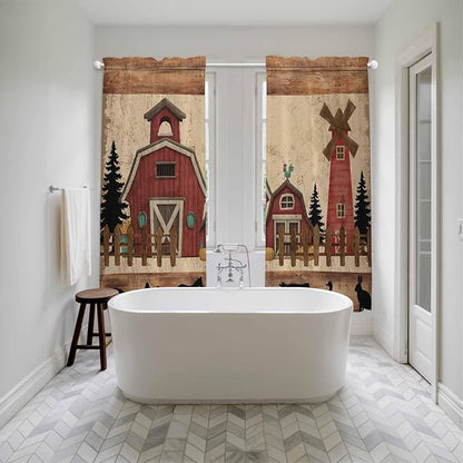 Brown Farmhouse Kitchen Curtains, Vintage Country Animals Wooden Grain Light Filtering Window Curtain Panels, 2Pcs Rod Pocket Window Treatments Set for Living Room Bathroom Bedroom 52x72 Inches