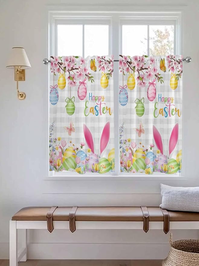 Happy Easter Kitchen Curtains 54 Inches length, Spring Watercolor Bunny Eggs Flower Grey Plaid Window Treatment Curtain Drapes, Thermal Insulated Drapes for Basement Hotel RV, 42"x54", 2 Panels