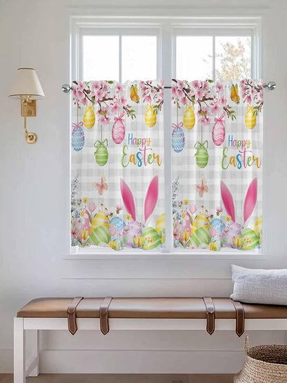 Happy Easter Kitchen Curtains 54 Inches length, Spring Watercolor Bunny Eggs Flower Grey Plaid Window Treatment Curtain Drapes, Thermal Insulated Drapes for Basement Hotel RV, 42"x54", 2 Panels