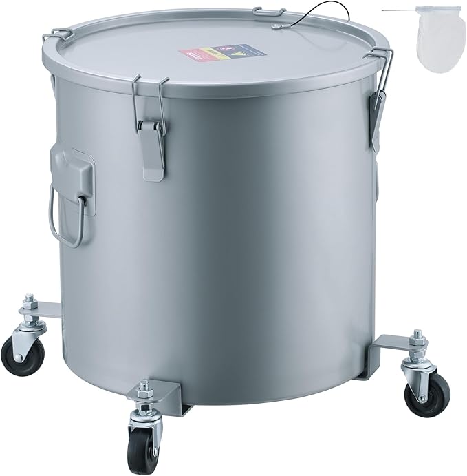 VEVOR 10 Gallon Fryer Grease Bucket, Oil Disposal Bucket Caddy on Wheels, Rust-proof Coated Carbon Steel Fryer Oil Transport Container with Filter Bag, Lid & Lock Clips for Cooking Oil Filtering