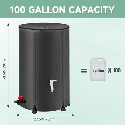 Collapsible Rain Barrel Water Storage Containers-100 Gallon Portable Rainwater Collect System Water Tank to Collect Rainwater from Gutter Downspout Water Catcher with Spigots,Filter＆Overflow Kits