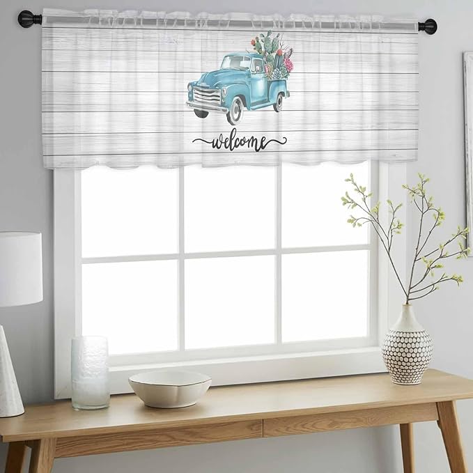 Welcome Sheer Valance Curtains, Summer Car with Cactus Succulents Grey Wood Grain Light Filtering Kitchen Valances Rod Pocket Voile Curtain Window Treatment for Bedroom/Living Room/Basement 42Wx18L