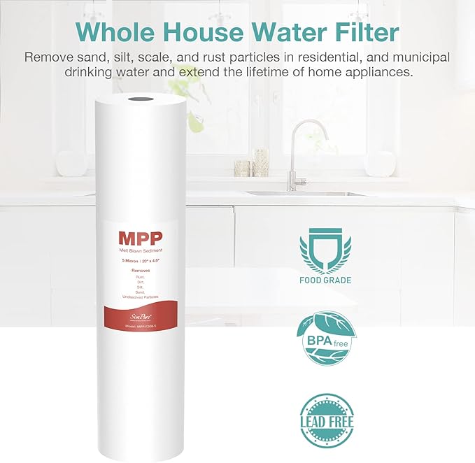 SimPure Sediment Water Filters, 5 Micron 20" x 4.5" Whole House Water Filter Replacement Compatible for SimPure DB20 Blue Housing, WGB22B, WGB32B, AP802, BB20B, BB20T, 4 Pack