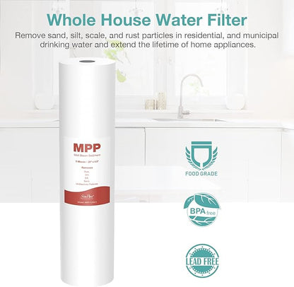 SimPure Sediment Water Filters, 5 Micron 20" x 4.5" Whole House Water Filter Replacement Compatible for SimPure DB20 Blue Housing, WGB22B, WGB32B, AP802, BB20B, BB20T, 4 Pack