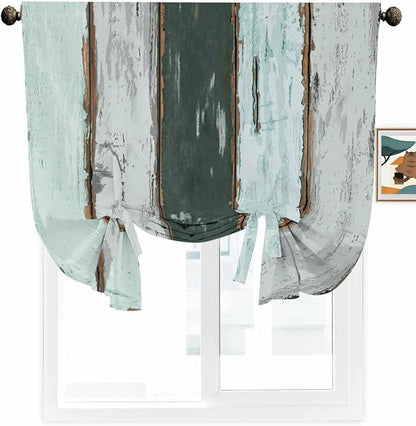 Tie Up Curtains for Windows, Blue Teal Adjustable Balloon Nature Linen Textured Kitchen Curtain, Vintage Wooden Retro Art Farmhouse Barns Tie Up Blackout Curtains for Bedroom, 52 x 63 Inches