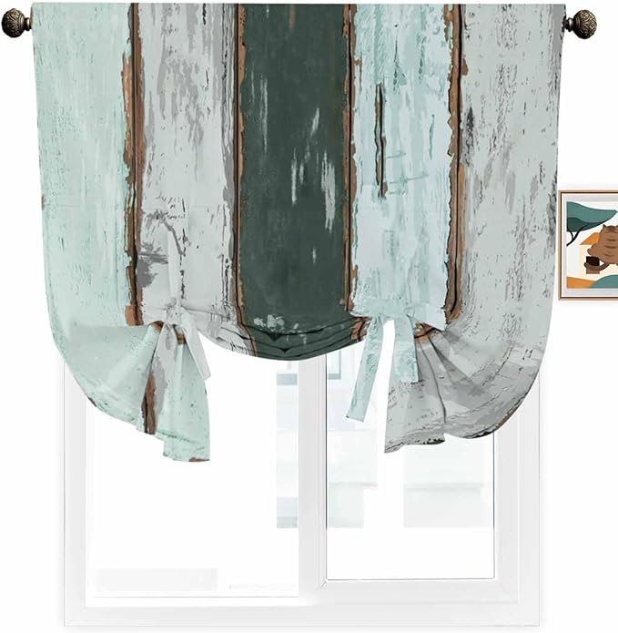 Tie Up Curtains for Windows, Blue Teal Adjustable Balloon Nature Linen Textured Kitchen Curtain, Vintage Wooden Retro Art Farmhouse Barns Privacy Curtains Balloon Blind for Cafe, 42 x 63 Inches