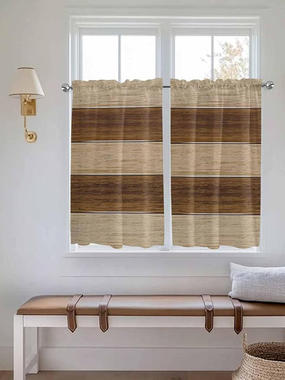 Retro Country Brown Wooden Board Window Valance Curtains, Farmhouse Gradient Plank Light Filtering Kitchen Valance with 3-inch Rod Pocket for Living Room Bathroom Bedroom,2 Panel,52x54In